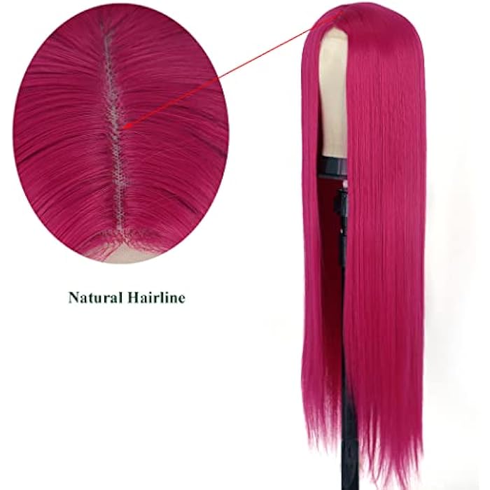 DILLARDS Tantako Long Hot Pink Red Wig With Small Deep Middle Part Lace Straight Pink Red Lace Front Wig (378 Hot Pink) - Image 2